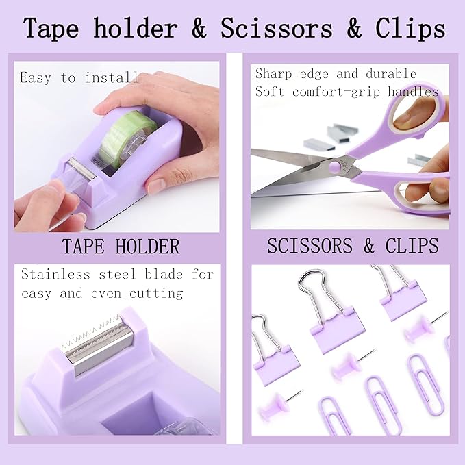 Purple Desk Accessories, Purple Office Supplies 360°Pen Holder Desk Organizers And Accessories with Tape Dispenser, Stapler, Staple Remover, 1000 Staples, Tape, Clips Set, Ruler, Scissor, Pen