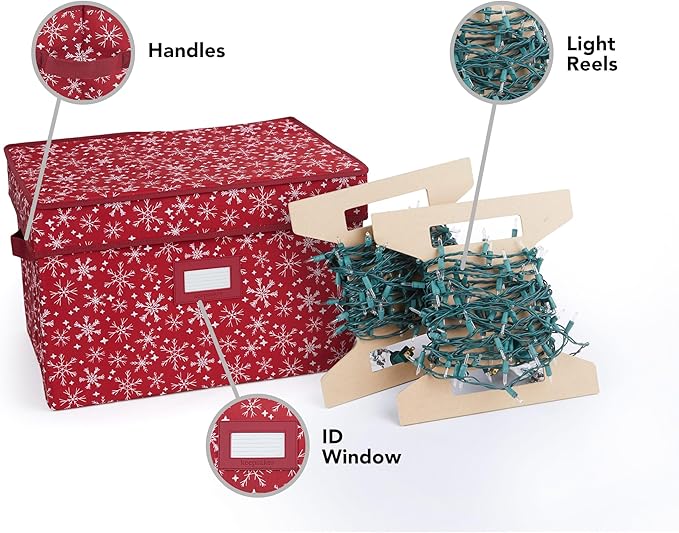 Covermates Keepsakes Christmas Light Storage Box - Carrying Handles, Sturdy Interior Walls - Holiday Storage, Red Snowflake
