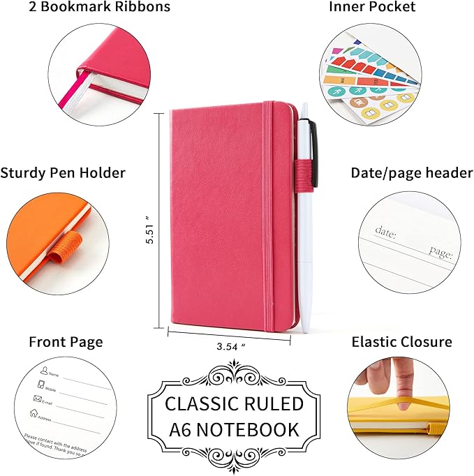 feela Pocket Mini Notebooks Bulk, Small Cute Memo Notepads Hardcover College Ruled Lined Journals with Pen Holder for School Business Work, with 6 Black Pens, 3.5”x 5.5”, 6 Pack, A6, Solid Colors