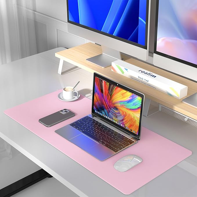 Leather Desk Pad Protector, Mouse Pad, Non-Slip Computer Mat for Desk, PU Leather Office Desk Mat for Home & Office, Waterproof Laptop Desk Blotter Pad for Keyboard and Mouse, Pink (17''X48'')