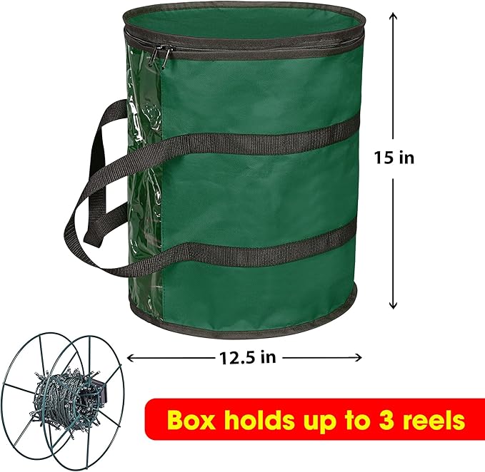 ProPik Christmas Light storage Bag | Holiday Light Storage Organizer with 3 Metal Reels for Tree Lights & Extension Cords Constructed of Durable 600D Oxford Material with Clear PVC Window (Green)