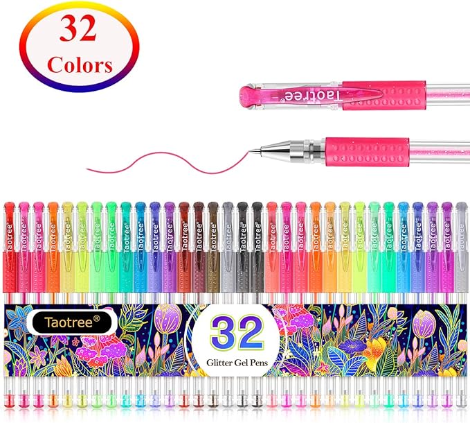 Taotree Glitter Gel Pens, 32 Colors Neon Glitter Pens Fine Tip Art Markers Set 40% More Ink Colored Gel Marker for Adult Coloring Book, Drawing Art Supplies, Scrapbook, Journaling, Sparkle Gifts