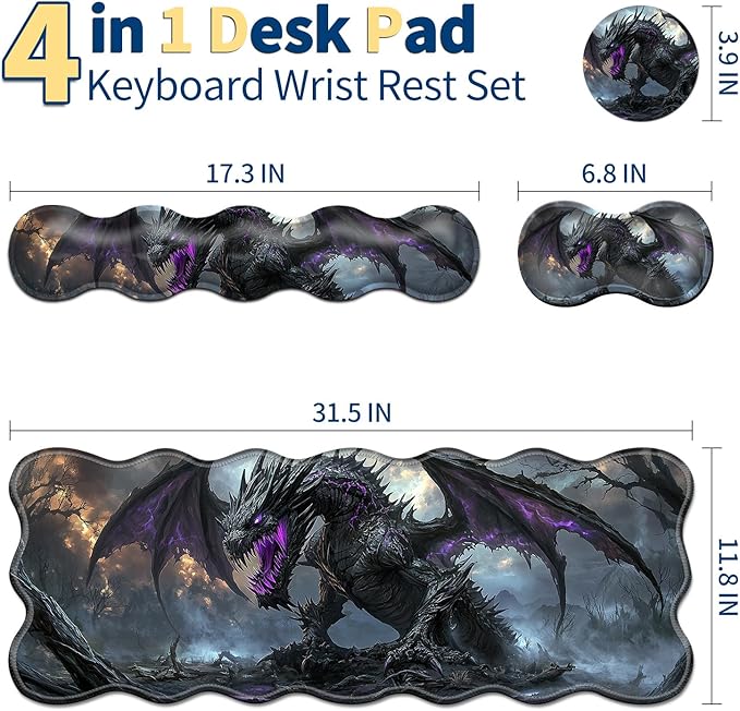 4-Piece XXL Gaming Mouse Pad Set (31.5"x11.8") with Keyboard Wrist Rest,Mouse Wrist Support & Coaster,Ergonomic Non-Slip Desk Mat for Office & Home,Dark Dragon Fantasy