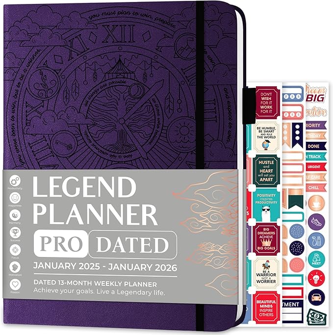Legend Planner PRO Dated Jan 2025-Jan 2026 – Deluxe Weekly & Daily Organizer with Time Slots. Appointment Book Journal for Work & Time Management, A4 Hardcover (Dark Purple)