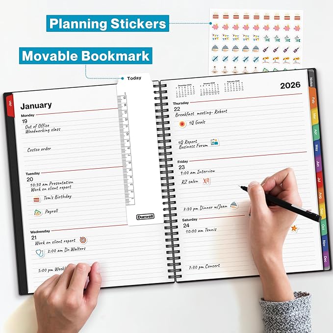 Dunwell Planner Book 2026, 8.5x11 Weekly Monthly Planner, Jan to Dec 2026, Large Calendar Book with Colorful Tabs, Bookmark, Free Stickers, Daily Calendar Planner Organizer