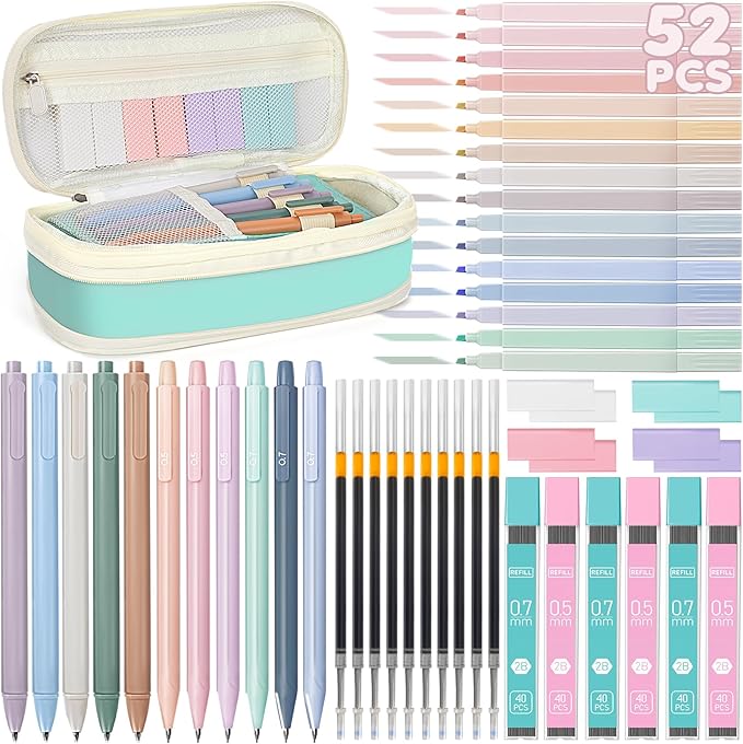 52 PCS Aesthetic School Supplies with Cute Pencil Case, Stationery Essentials with Pens Pencils and Pastel Highlighters Set,College Back to School Supplies for Teen Girls,Pastel Office Supplies-Blue