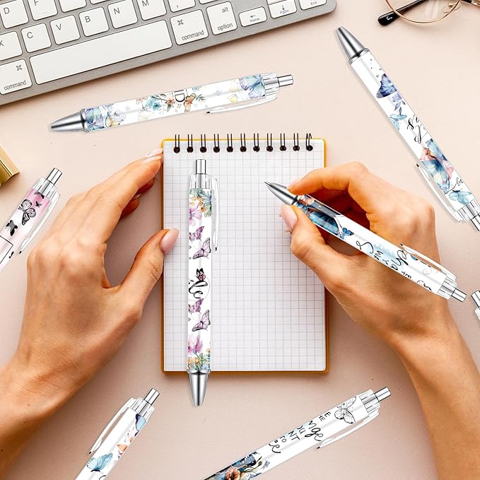 Butterfly Print Ballpoint Pens - 24PCS Kawaii Butterfly Pens Set Retractable Positive Affirmation Pens Smooth Writing Pens for Office Stationery Home School Supplies for Women Teacher Gifts