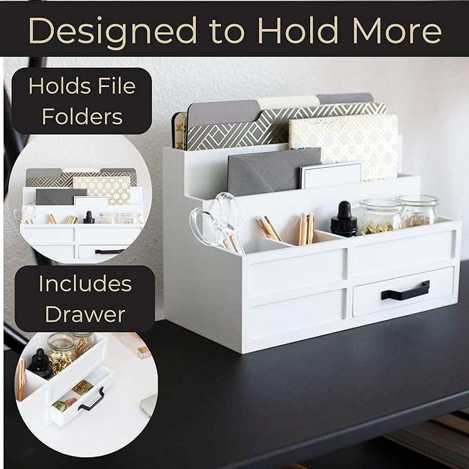 BLU MONACO White Desktop Organizer with Drawer – Paper Wood Bill & Mail Organizer for Office Desk, Countertop & Workspace Storage