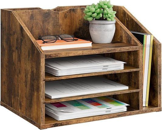 Wooden Desk Organizer with Adjustable Partitions, Multi-Layer Desktop File Holder for Home Office, Paper & Stationery Storage Organizer, Rustic Brown MWJ04FG