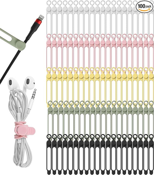 Nearockle 100Pcs Silicone Cable Ties Cord Organizer for Bundling Earphone, Phone Charger, Computer Cords, Reusable Cable Ties Wire Organizer in Home,Office,Kitchen,School (5 Colors)