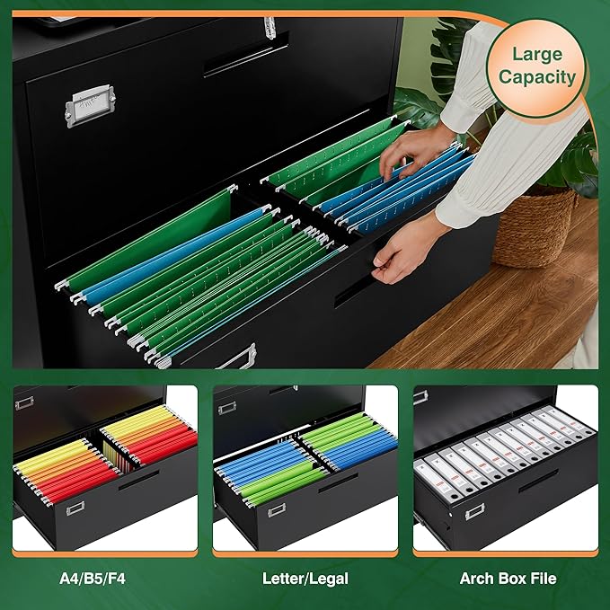 Letaya Metal Lateral File Cabinets with Lock,2 Drawer Steel Wide Filing Organization Storage Cabinets,Home Office Furniture for Hanging Files Letter/Legal/F4/A4 Size (Blcak-2 Drawer)