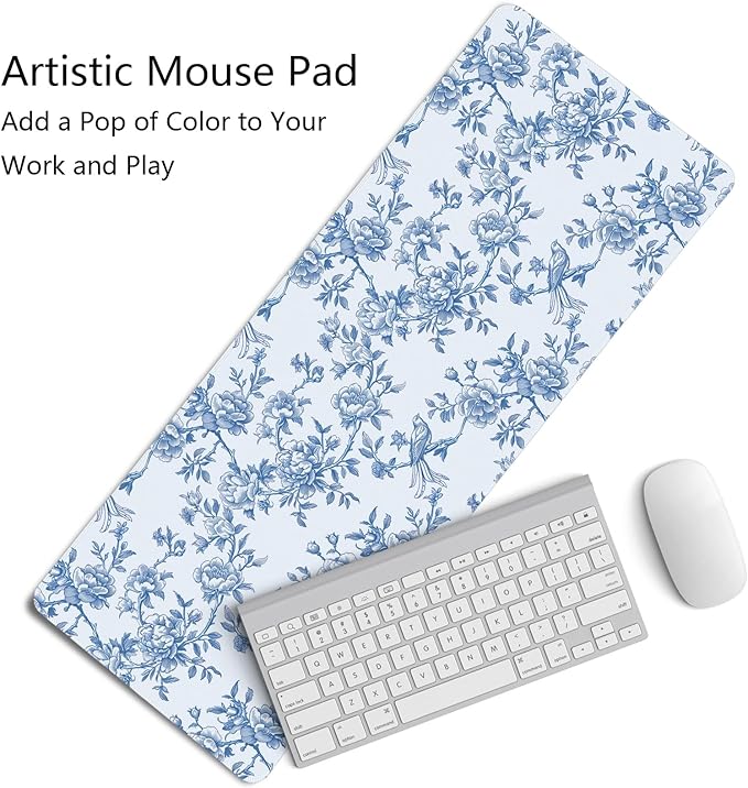 Light Blue Chinoiserie Mouse Pad,Vintage Blue and White Floral Desk Mat,XL Large Vintage Flowers and Birds Preppy Mouse Pad,Girly Laptop Desk Mat for Dorm Home Office,31.5x11.8 Inch