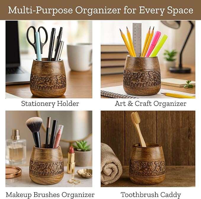 Mie Creations Designer Pencil Holder for Desk Wood | Wooden Pen Stand, Paintbrush Cup, Desk Accessories, Cute Make Up Brush Organizers | Office Desktop Stationery, Christmas Holidays Gift- 4'' Brown
