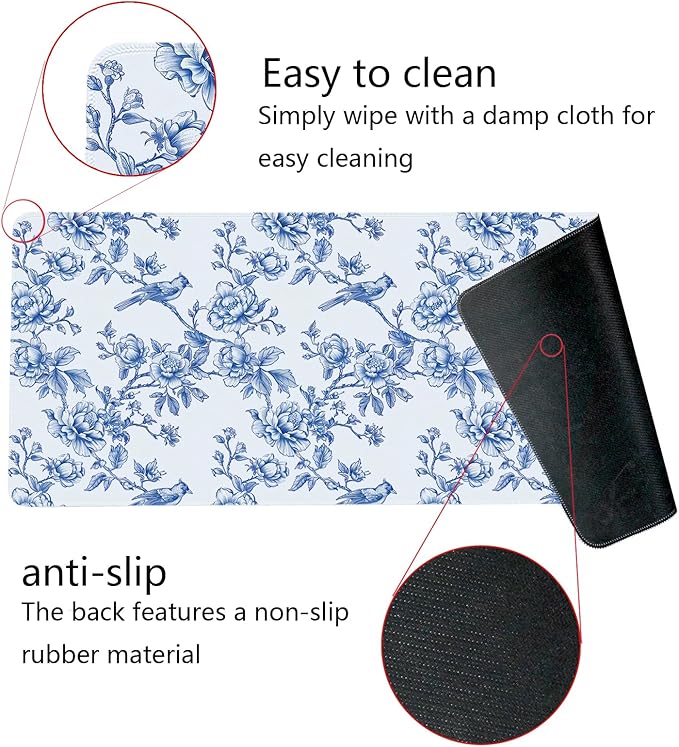 Navy Blue Chinoiserie Mouse Pad,Vintage Blue and White Floral Desk Mat,XL Large Flowers and Birds Preppy Mouse Pad,Girly Laptop Desk Mat for Dorm Home Office,31.5x11.8 Inch