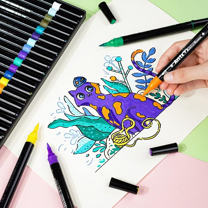 Arrtx Acrylic Paint Pens, 32 Colors Brush Tip and Fine Tip (Dual Tip) Paint Markers for Rock Painting, Water Based Acrylic Painting Supplies for Fabric Painting,Wood, Plastic, Canvas, Easter Egg