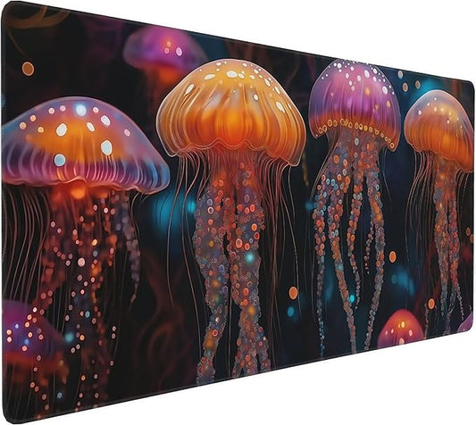 Large Fantasy Forest Jellyfish Gaming Mouse Pad - Blacklight Fairytale Waterproof Desk Mat, 35.4 X 15.8 Inch Extended Non-Slip Rubber Base for Office & Home