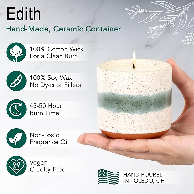 Hyggelight - The Growing Candle, Mint & Eucalyptus Scented, 8.5oz Ceramic Pot, Aromatherapy Candles, 100% Soy, Edith
