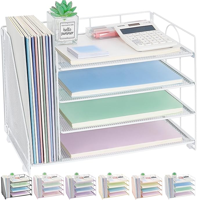 OPNCIE 4-Tier Paper Organizer with Magazine Holder, Desk Organizers and Accessories, Office Desk Accessories & Workspace Organizers, Desktop File Organizer for Office Supplies Storage, White