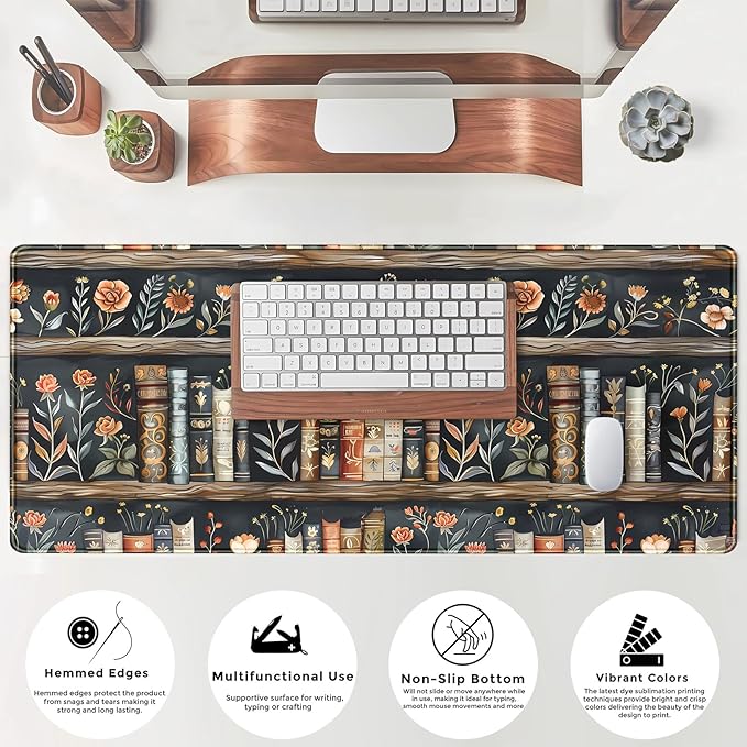 Library Desk Mat Dark Academia Large Mouse Pad Forest Book Nature Floral Gaming Mousepad XL Vintage Aesthetic Desk Pad 31.5 x 11.8 in Laptop Computer Keyboard Mouse Mat Accessories Decor