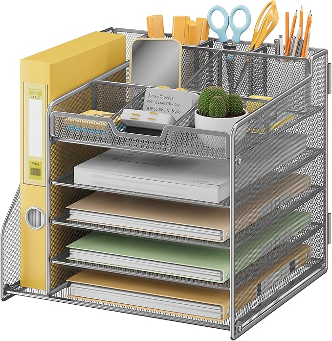 Lavatino 5-Tier Metal Mesh Desk Organizer with File Holder & 7 Customizable Compartments | Paper Letter Tray for Office or Home Desk Storage | Keep Workspace Supplies Neat & Organized, Silver