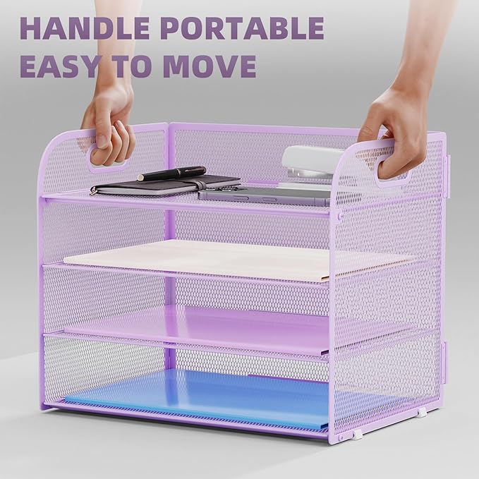 Marbrasse 4 Tier Paper Organizer Letter Tray - Mesh Desk File Organizer with Handle, Paper Sorter Organizer for Letter/A4 Office File Folder Holder (Purple, 12.6" x 9.1" x 10.7")