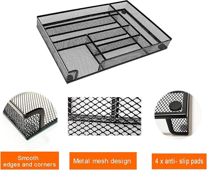 2-Pack Desk Drawer Organizers, 6-Compartment Metal Mesh Trays for Pens, Paper Clips, Office Supplies, Ventilated Storage Inserts for Home, Office, School, 12.6 x 8.27 x 1.57 Inches, Black