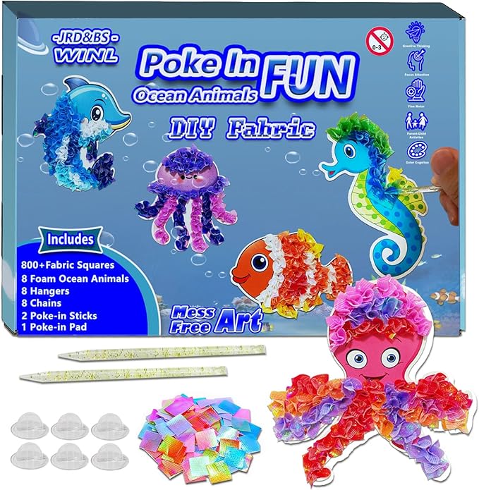 mom&myaboys Mess-Free Poke Art for Kids Ages 4-8 - Ocean Animals Craft Kit (8 Sea Creatures: Jellyfish, Dolphin, Turtle & More) | Beginner Sewing Toys for Toddlers | Creative Gift for Girls and Boys