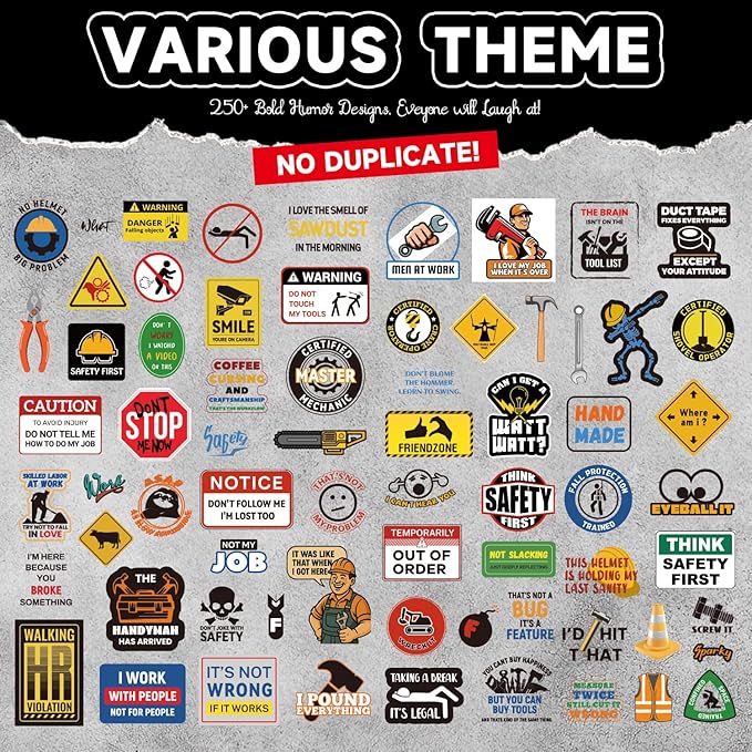 250+ Hard Hat Stickers for Adults - Funny Sticker Book for Water Bottle, Helmet, Cars, Tool Box, Truck, Motorcycle, Cooler, Laptop - Blue Collar Cool Fun Hardhat Stickers Gifts for Men, Waterproof