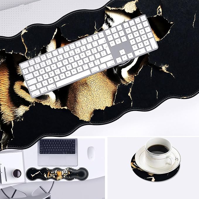 Large Mouse Pad and Keyboard Wrist Rest, Desk Pad for Keyboard and Mouse, 4-in-1 Large Gaming Mouse Pad with Wrist Support, Desk Mat for Home Office Study Game-Tiger Eyes