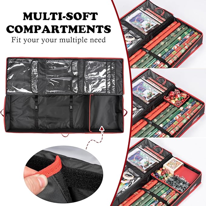 Wrapping Paper Organizer Storage for Christmas Gifts Wrapping Paper Storage, 600D Oxford Fits Ribbon, Ornaments, Holiday Accessories Flexible Partitions and Pockets （Black）