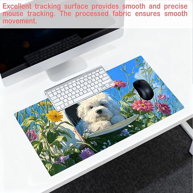 Nuxovilar Professional Large Mouse Pad & Computer Game Mouse Mat (35.4x15.7IN, Floral Puppy Art) (90 * 40cm Floral Puppy)