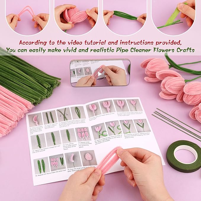 UzecPk Pink Pipe Cleaners Set Green Pipe Cleaner Flowers Chenille Stems Pipe Cleaner Flower Kit Pipe Cleaners Bulk with Floral Wire Instructions for DIY Art and Craft Projects Creative(5 Flowers)