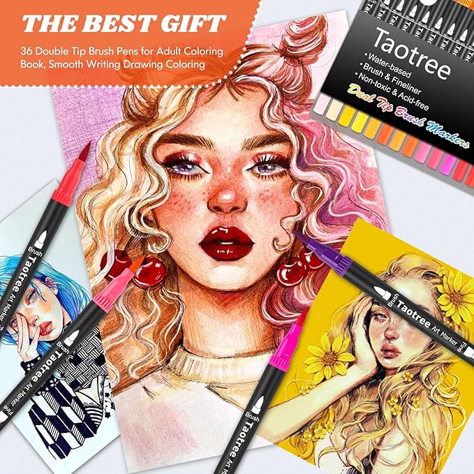 Taotree 36 Colors Dual Tip Art Markers Pens for Adult Coloring Books, Artist Fine & Brush Tip Coloring Marker Drawing Pens for Journaling Note Taking Lettering Calligraphy Craft Art Supplies Set