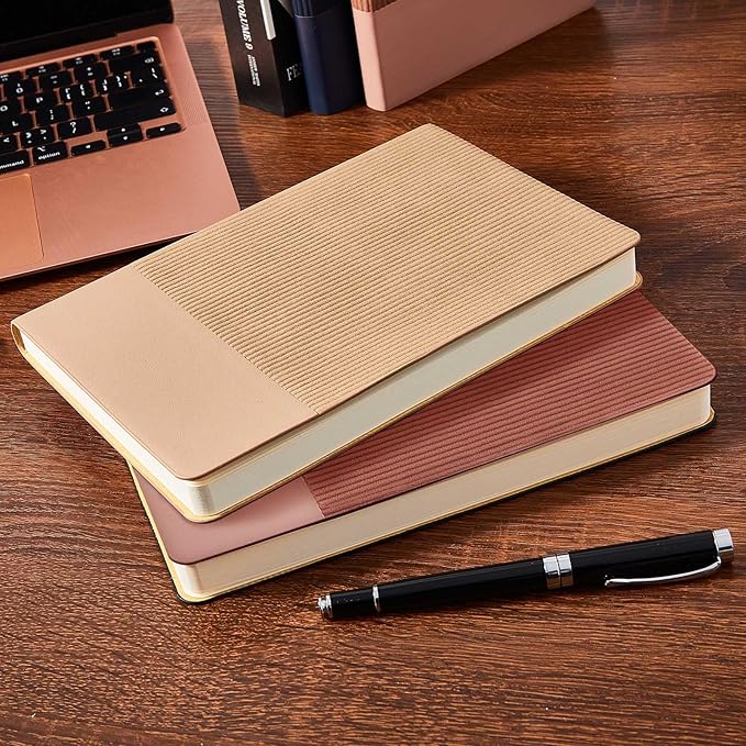 Lined Journal Notebook for Work College Ruled Note Book 5.79"x8.27" A5 PU Leather Daily Journaling 216 Pages for Women Men Writing Home School Supplies Business (Khaki/Darkpink)