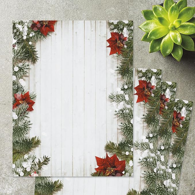 Poinsettia Pine Christmas Stationery - Holiday Letters, Computer Printer Paper, 25 Sheets, 8½ x 11 Inch, by Current