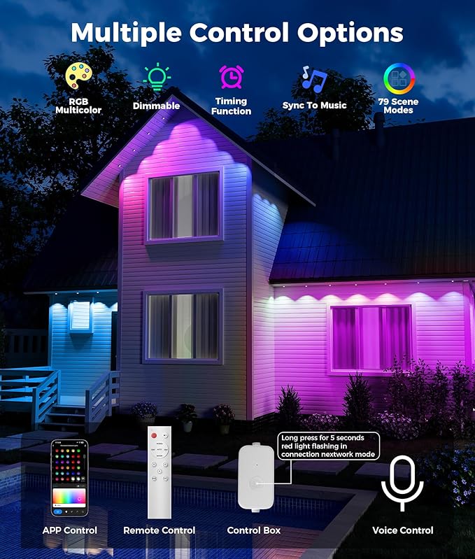 Permanent Christmas Lights Outdoor, 100ft RGB & 60pcs LED Lights, 79 Scene Modes with Timer for Smart Outdoor Christmas Decorations, IP67 Waterproof Works with Alexa and Google