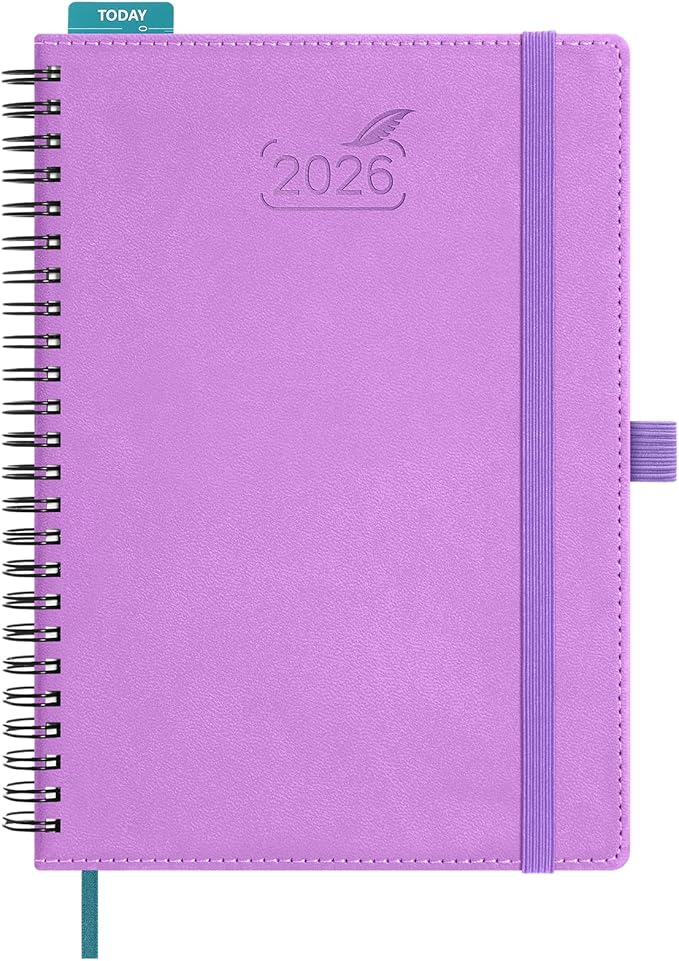BEZEND 2026 Planner Weekly and Monthly (6" x 8.5" Spiral) Daily Calendar with Half-Hourly Timeslots & Tabs (Jan-Dec) Note & Expenses, Pen Holder, Inner Pocket, Vegan Leather Softcover - Lavender