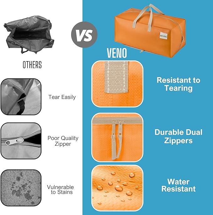 VENO 8 Pack Moving Bags w/Backpack Straps, Heavy Duty, Moving Boxes Alternative, Packing Supplies, Large Storage Totes for Dorm Room Essentials with Zipper (Seasonal Autumn Orange, 8 Pack)