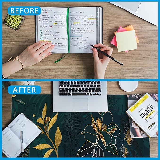 Luxury Green Summer Desk Mat,Large Gaming Mouse Pad,Non-Slip Rubber Base Desk Pad with Stitched Edges for Desk Office Home Decor 35.4X15.7 Inch