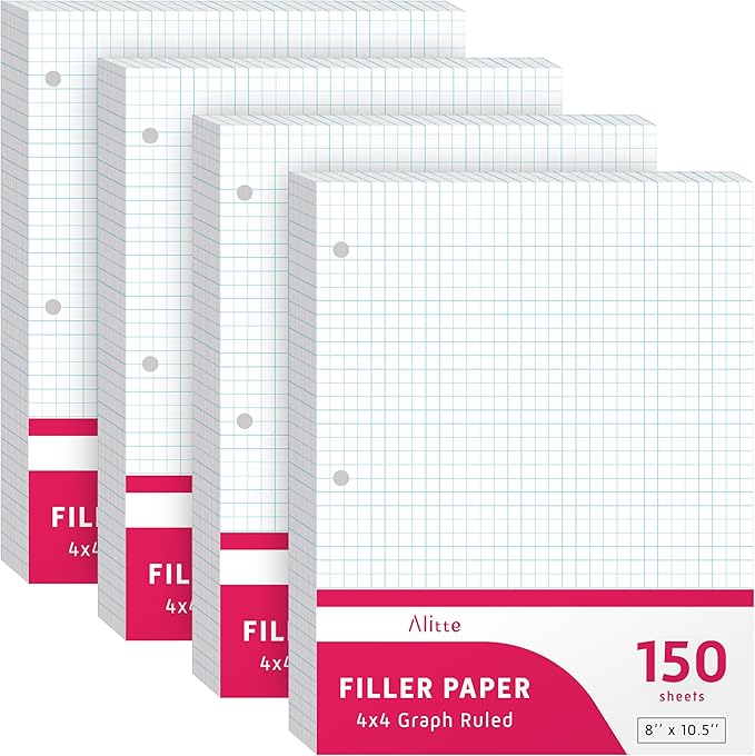 Loose Leaf Graph Paper, 4x4 Grid, 600 Sheets (150/Pack) Graphing Paper for School, College, Office - 3 Hole-Punch Sheets for Ring Binders, Notebooks, Pocket Folders - White, 8 x 10.5 inches