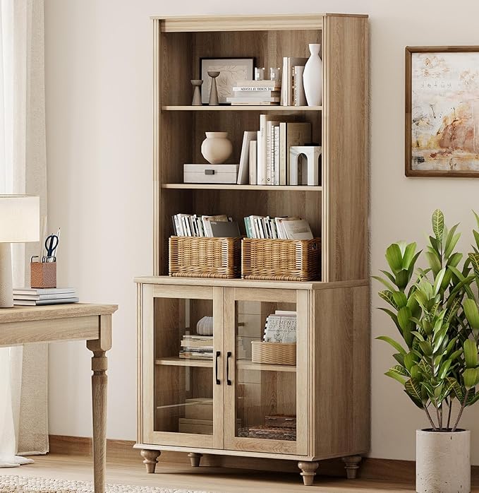 WAMPAT 5 Tier Bookshelf 72" Tall Bookcase with Glass Doors,Large Farmhouse Display Book Shelf with Adjustable Shelves and Storage Cabinet，Library Wood Bookshelves for Living Room,Kitchen, Oak