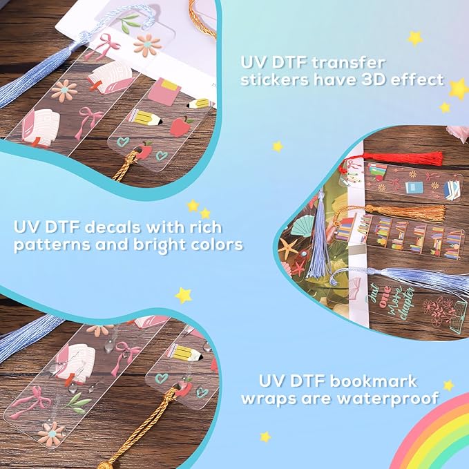 Luvsweeets UV DTF Bookmark Stickers - 16 Sheets Book Lover UV DTF Decals for Acrylic Bookmarks Waterproof Bookish Rub on Transfer Stickers UVDTF Wraps for DIY Blank Bookmarks Teacher Gifts