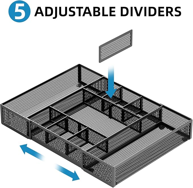 Marbrasse Expandable Desk Drawer Organizer, Mesh Drawer Organizer Tray with 10 Adjustable Compartments, Desk Organizers and Accessories, 5 Dividers Drawer for Office Supplies, Makeup & Vanity (Black)