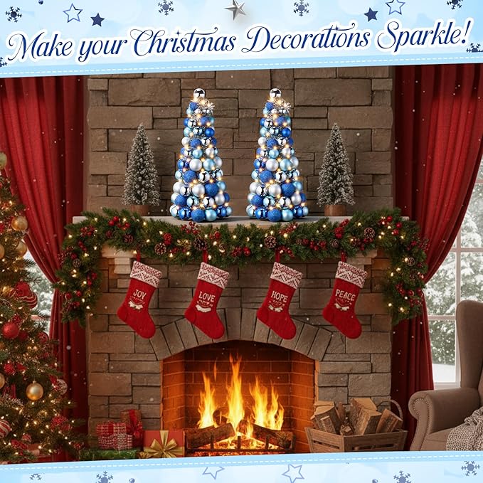Meooeck 2 Pcs Christmas Ball Tree with Lights 16 Inch LED Fireplace Table Holiday Xmas Tree Decorations Tabletop Christmas Beach Decorations for Party (Blue,Silver)