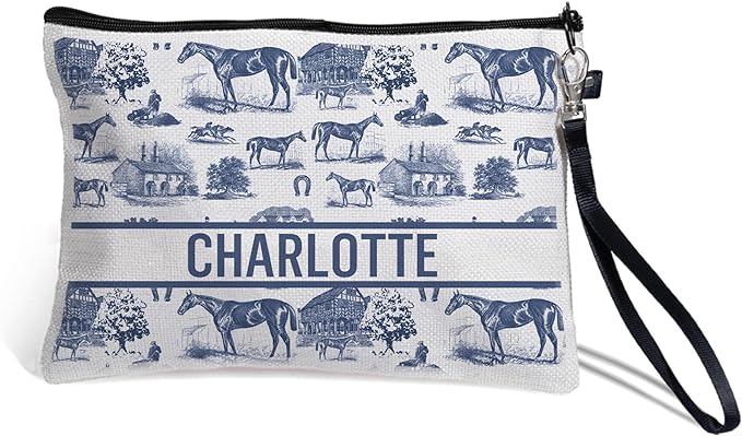 Custom Small Cosmetic Pouch Equestrian Personalized Makeup Bag for Purse with Text and Wrist Strap Essentials Christmas Birthday Horse Gifts for Girls Women