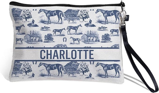 Custom Small Cosmetic Pouch Equestrian Personalized Makeup Bag for Purse with Text and Wrist Strap Essentials Christmas Birthday Horse Gifts for Girls Women