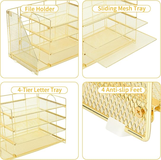 OPNICE 4-Tier Paper Organizer with Magazine Holder, Desk Organizers and Accessories, Office Desk Accessories & Workspace Organizers, Desktop File Organizer for Office Supplies Storage, Gold