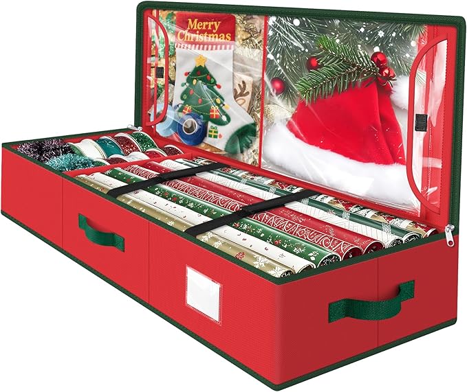 Wrapping Paper Organizer Storage, Christmas Wrapping Paper Storage for Christmas Decorations, Ribbon, Accessories, Underbed Gift Wrap Container with Flexible Partition, Interior Pockets(Red)