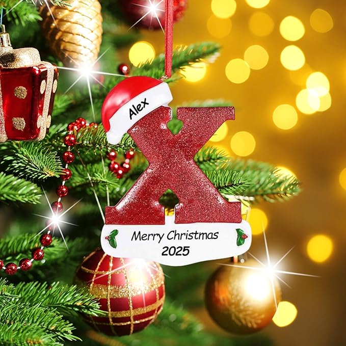 Personalized 26 Letters Ornaments for Christmas Tree 2025, Custom Christmas Ornament with Family Member's Names 3D Resin Xmas Hanging Pendant Original Gifts for Family Friends(X)
