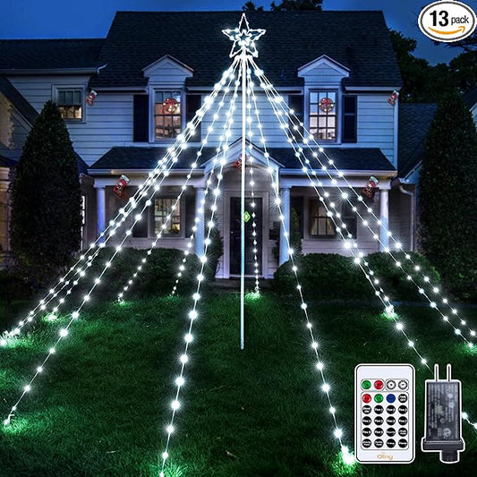 Ollny Christmas Lights Tree 340LED with Topper Star, IP67 Waterproof Remote Control Waterfall Lights with Pole, 16 Modes 3 Timers Dimmable Light Decorations for Outdoor Yard Garden Lawn(Cool White)